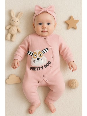 DMR Elegance Pretty Dog Nakışlı Bandanalı % 100 Pamuk Kız Bebek Tulumu
