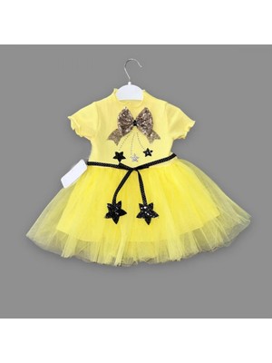 DMR Elegance 1-2-3 Yaş Payetli Yıldız Nakışlı Astarlı Etek Kız Bebek Tütü Elbisesi Sarı