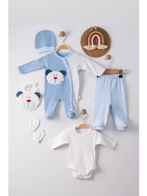 DMR Elegance Ayıcık Nakışlı Tulumlu % 100 Pamuk Erkek Bebek 5'li Set