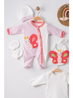 DMR Elegance Kelebek Nakışlı Puanlı Tulumlu % 100 Pamuk Kız Bebek 5'li Set