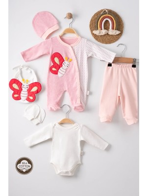 DMR Elegance Kelebek Nakışlı Puanlı Tulumlu % 100 Pamuk Kız Bebek 5'li Set