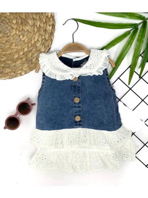 DMR Elegance 6-9-12-18 Ay Güpür Yaka ve Etek Detaylı Kot Kilotlu Etek Kız Bebek Elbisesi Mavi