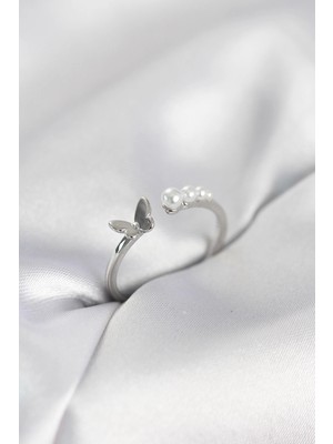 Tiklad Incili Kelebek Model Gümüş Renk Pirinç Kadın Yüzük