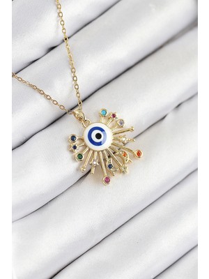 Bazarhane 316L Çelik Zirkon Taşlı Nazar Model Gold Renk Kadın Kolye