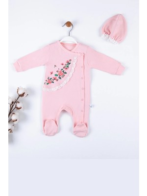 DMR Elegance Çiçek Nakışlı Şapkalı % 100 Pamuk Kız Bebek Tulumu