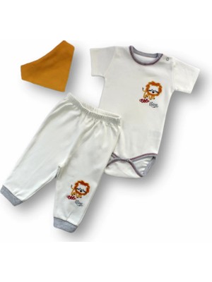 DMR Elegance 3-6 6-9 9-12 Ay Yavru Aslan Nakışlı Bandajlı Kısa Kollu Zıbınlı 3lü Erkek Bebek Takımı Ekru