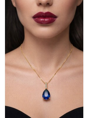 Genel Lacivert Damla Zirkon Taşlı Paslanmaz Çelik Kolye – Altın Renk - Suya Dayanıklı, Kararmaz