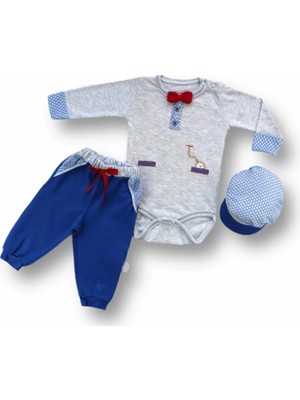 DMR Elegance 3-6 6-9 9-12 Ay Cep Saat Nakışlı Şapkalı Uzun Kollu Zıbınlı 3lü Erkek Bebek Takımı Mavi