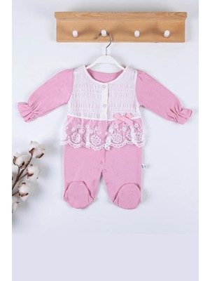 DMR Elegance Gofralı Fransız Güpürlü % 100 Pamuk Kız Bebek Tulumu