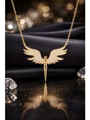 Genel Mikail Meleği Kanatlı Zirkon Taşlı Çelik Kolye – Altın Renk - Kararmaz, Paslanmaz, Suya Dayanıklı