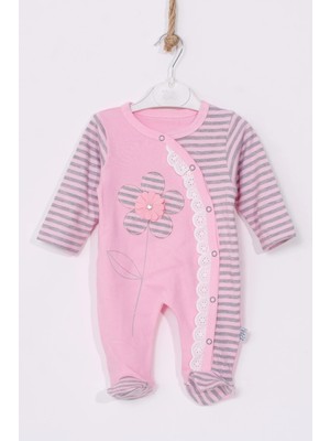 DMR Elegance Çiçek Nakışlı % 100 Pamuk Ayaklı Kız Bebek Tulumu