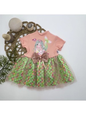 DMR Elegance 1-2-3 Yaş Denizkızı Baskılı Pul Desen Etekli Kız Bebek Elbisesi Pudra