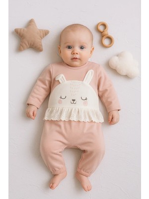 DMR Elegance Tavşan Nakışlı Güpürlü % 100 Pamuk Kız Bebek Tulum