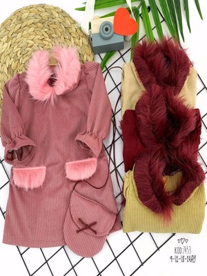 DMR Elegance 9-12-18-24 Ay Tüylü Yaka ve Cep Kapaklı Çantalı Fitilli Kadife Uzun Kollu 2li Kız Bebek Elbisesi Pembe