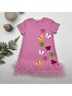 DMR Elegance 1-2-3 Yaş Renkli Kelebekler Nakışlı Eteği Fırfırlı Jile Çocuk Elbisesi Pembe