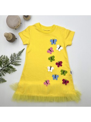 DMR Elegance 1-2-3 Yaş Renkli Kelebekler Nakışlı Eteği Fırfırlı Jile Çocuk Elbisesi Sarı