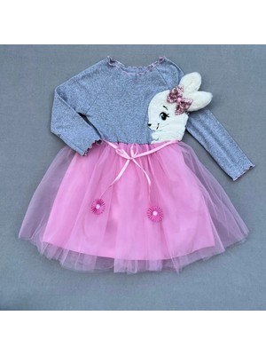 DMR Elegance 5-6-7 Yaş Pelüş Tavşan Desenli Kurdela Kuşaklı Astarlı Kız Çocuk Tütü Elbise Pembe