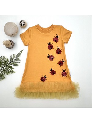 DMR Elegance 1-2-3 Yaş Uğur Böceği Nakışlı Fırfır Uçlu Kız Çocuk Jile Elbisesi Turuncu