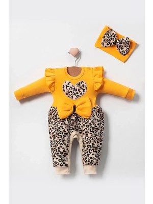 DMR Elegance Leopar Desenli Fiyonklu % 100 Pamuk Kız Bebek Tulum