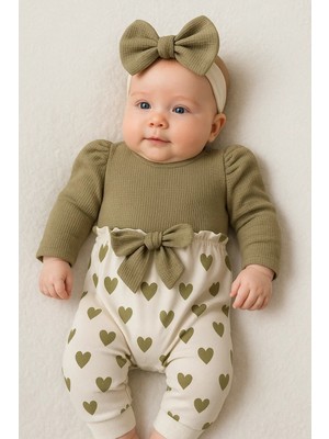 DMR Elegance Kız Bebek Kalp Desenli Waffle Bandanalı 2'li Tulum