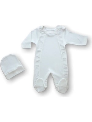 DMR Elegance 0-3 3-6 Ay Tüllü Fırfır Detaylı Şapkalı Uzun Kollu Kız Bebek Tulumu Ekru