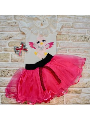 DMR Elegance 9-12-18 Ay Toka Hediyeli Kuş Desenli Tişört Tütü Etek 2li Kız Bebek Takımı Fuşya