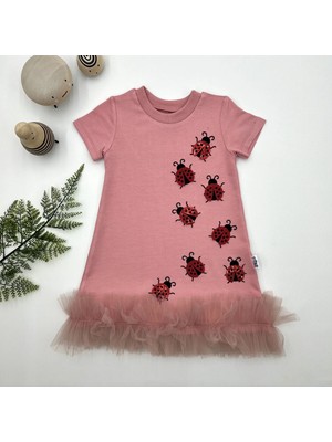 DMR Elegance 1-2-3 Yaş Uğur Böceği Nakışlı Fırfır Uçlu Kız Çocuk Jile Elbisesi Pudra