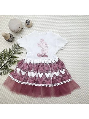 DMR Elegance 1-2-3 Yaş Payetli Mickey Baskılı Brode Etekli Kız Bebek Elbisesi Rose