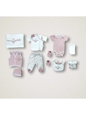 DMR Elegance Bahar Çiçekleri Nakışlı  10LU Zıbın Takımı Hastane Çıkışı Gül Kurusu