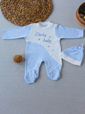 DMR Elegance 0-3 3-6 Ay Lucky Baby Nakışlı Es Çizgi Boy Şapkalı Erkek Bebek Tulumu Mavi