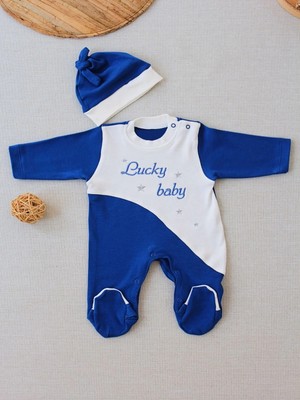 DMR Elegance 0-3 3-6 Ay Lucky Baby Nakışlı Es Çizgi Boy Şapkalı Erkek Bebek Tulumu Lacivert