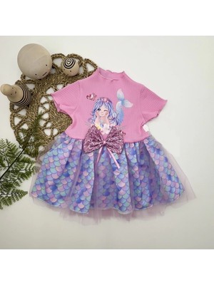 DMR Elegance 1-2-3 Yaş Denizkızı Baskılı Pul Desen Etekli Kız Bebek Elbisesi Pembe