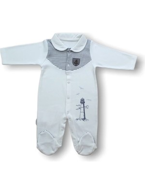 DMR Elegance 3-6 6-9 Ay Deniz Feneri Nakışlı Patikli Uzun Kollu Erkek Bebek Tulumu Ekru