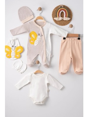 DMR Elegance Kelebek Nakışlı Tulumlu % 100 Pamuk Erkek Bebek 5'li Set