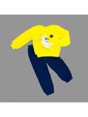 DMR Elegance 1-2-3 Yaş Toplu Köpek Nakışlı Kuzu Kumaş Sweat Pantolonlu Uzun Kollu Kız Erkek Bebek Takımı Sarı
