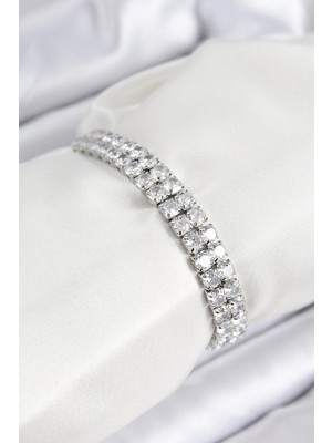 Bazarhane Pirinç Zirkon Taşlı Çift Sıra Kare Model Gümüş Renk Asansörlü Kadın Bileklik