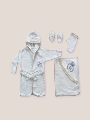 DMR Elegance 0-6 Ay Kaplan Nakışlı Bornozlu 5li Erkek Bebek Havlu Silgi Takımı Mavi