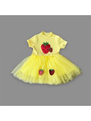 DMR Elegance 1-2-3 Yaş Payetli Çilek Baskılı Çilek Kuşaklı Kız Bebek Elbisesi Sarı