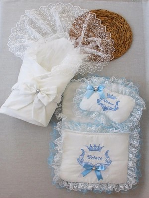 DMR Elegance Yenidoğan Nil Taç Nakışlı Kundaklı Trilüks 3lü Alt Açma Seti Mavi