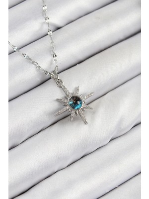 Bazarhane 316L Çelik Zirkon Taşlı Kutup Yıldızı Model Gümüş Renk Kadın Kolye