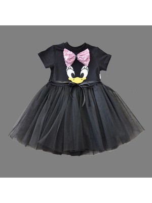 DMR Elegance 1-2-3 Yaş Payet Fiyonk Tokalı Ördek Nakışlı Astarlı Kız Bebek Tütü Elbisesi Siyah