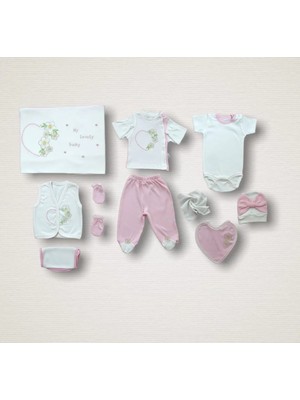 DMR Elegance Baharın Çiçekli Kalbi Nakışlı  10LU Zıbın Takımı Hastane Çıkışı Pembe