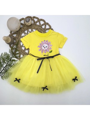 DMR Elegance 1-2-3 Yaş Payet Yapraklı Çiçek Nakışlı Astarlı Kız Bebek Tütü Elbisesi Sarı