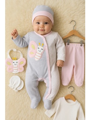 DMR Elegance Kelebek Nakışlı Tulumlu % 100 Pamuk Kız Bebek 5'li Set