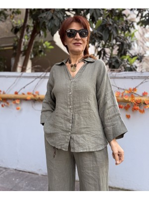 Deniz Ege Sırtı Biyeli Italyan Keten Gömlek Haki