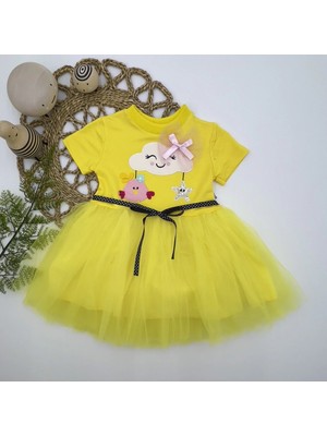 DMR Elegance 1-2-3 Yaş Tül Tokalı Bulut Civciv ve Yıldız Nakışlı Kız Bebek Elbisesi Sarı