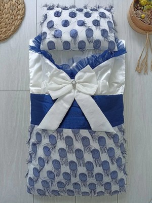 DMR Elegance Yenidoğan Izmir Incisi Tül Işlemeli Pamuklu Fiyonklu Kundaklı Lüks 3lü Alt Açma Seti Lacivert