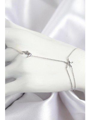 Bazarhane Pirinç Zirkon Taşlı Deniz Atı ve Yıldız Model Gümüş Renk Şahmeran