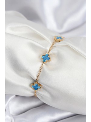Bazarhane 316L Çelik Gold Renk Buz Mavisi Baby Boy Yonca Kadın Bileklik