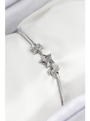 Bazarhane Pirinç Zirkon Taşlı Yıldız Model Gümüş Renk Kadın Bileklik